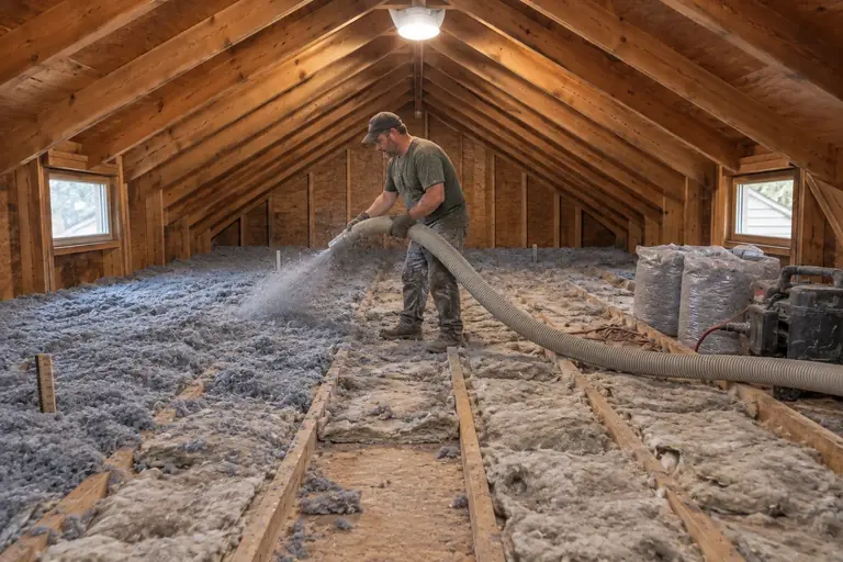Attic insulation replacement in a 2000s two-story suburban attic with cedar siding, in progress: A technician removes old insulation and begins blowing in new cellulose loose-fill insulation for more effective coverage.