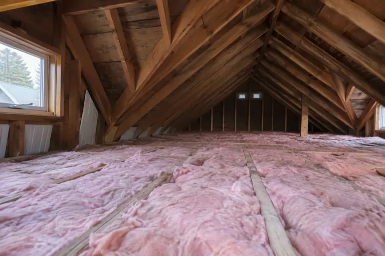 Attic insulation replacement in Craftsman bungalow attic, after: The completed attic features a clean, even layer of cellulose insulation, properly installed to improve home energy efficiency.