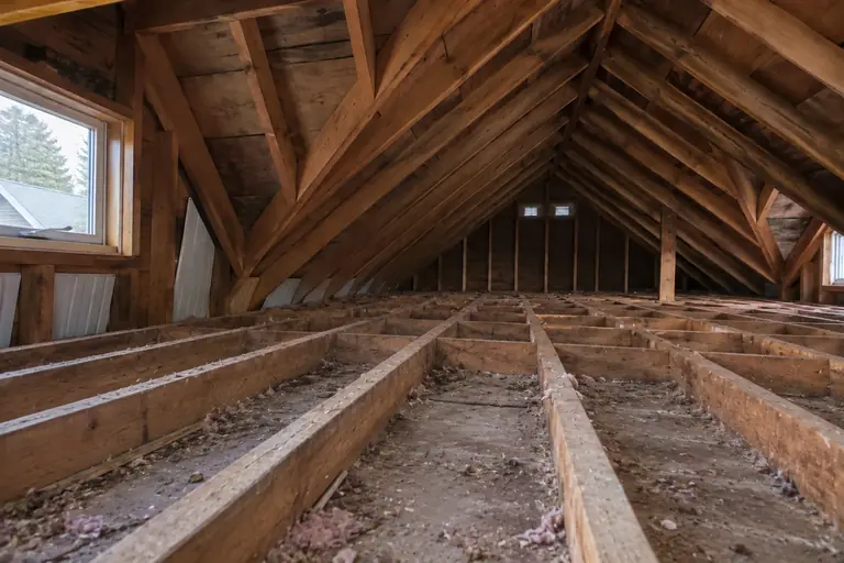 Attic insulation replacement in Craftsman bungalow attic, before: The attic contains aged, uneven pink fiberglass batt insulation with signs of wear and settled gaps, as A technician assesses the current condition.
