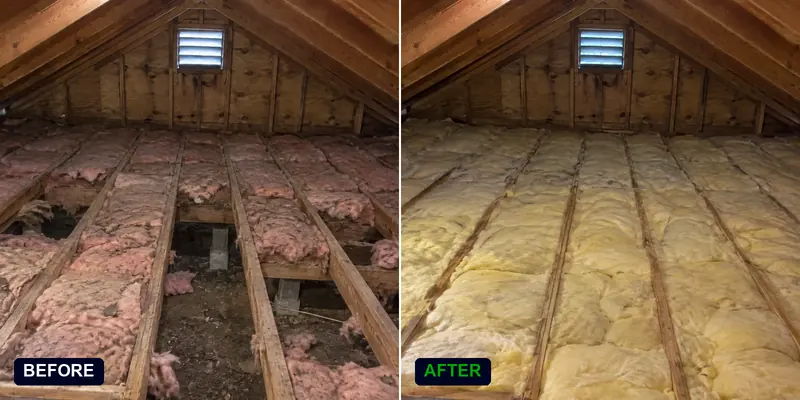 Attic insulation replacement refresh in a 1990s split-level home: before and after