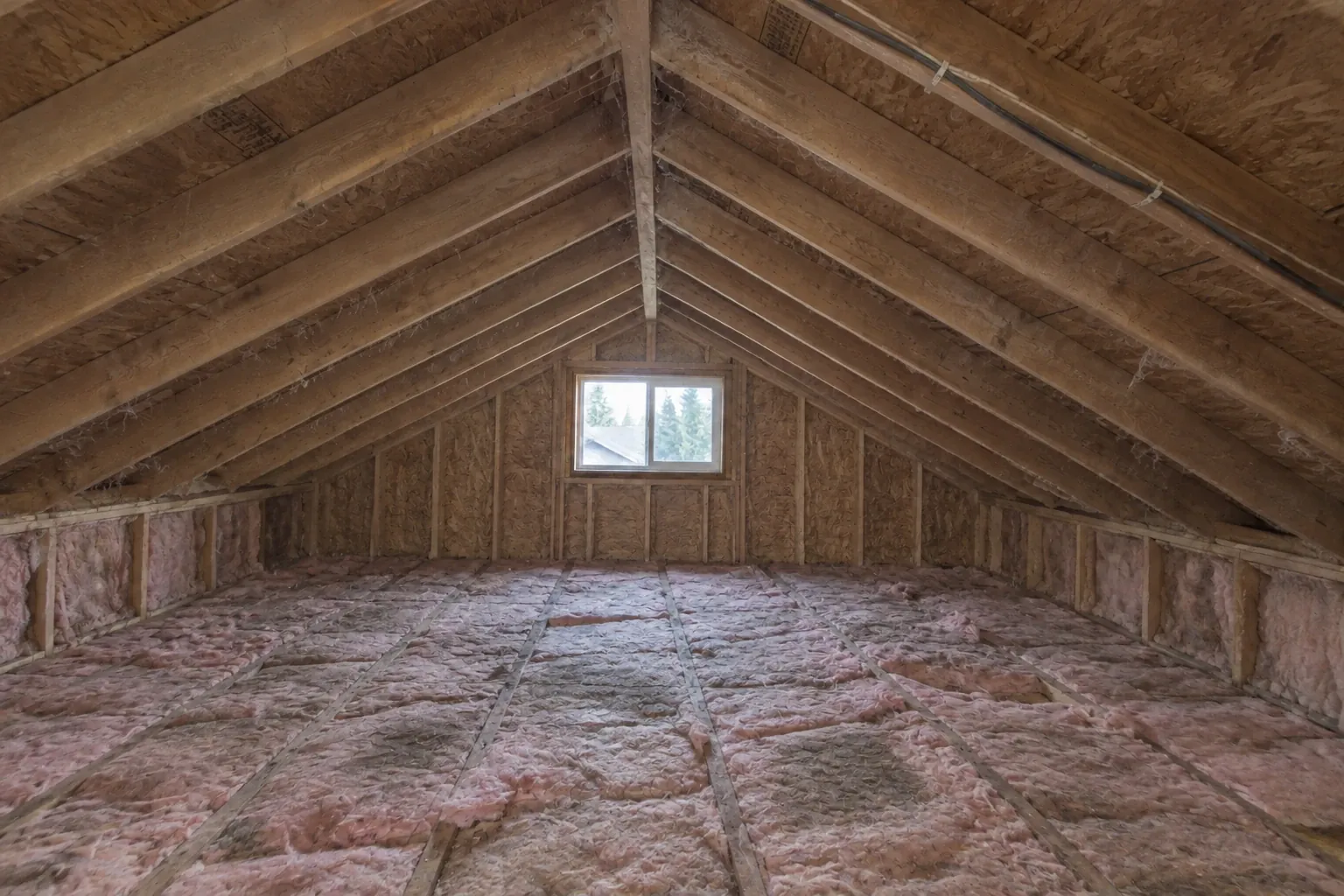 Before: This mid-century rambler attic shows worn fiberglass batt insulation with gaps and damage diminishing energy efficiency.