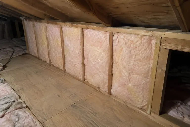 Insulating an uninsulated knee wall, after: Finished insulation replacement shows the knee wall stud bays fully and neatly insulated with EcoBatt batts, greatly.