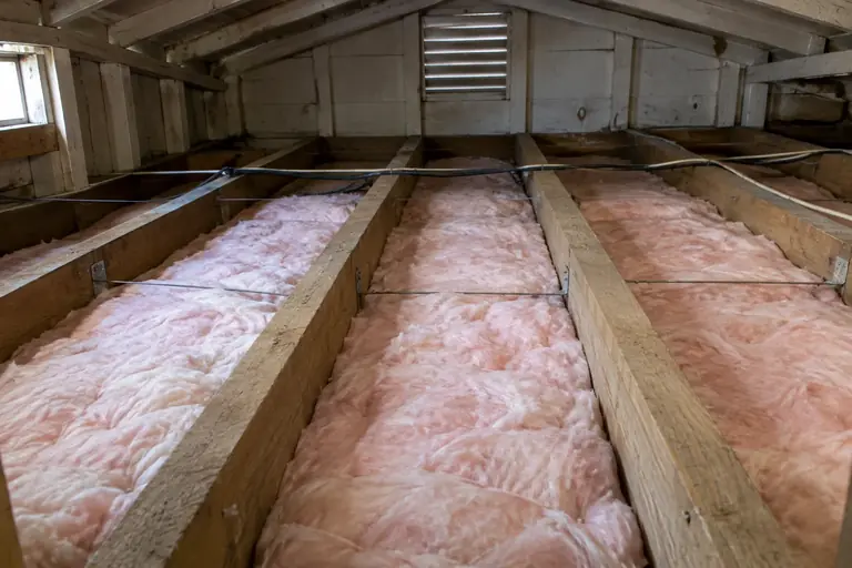 Sagging under-floor batts replaced and supported, after: The attic insulation is now uniformly supported beneath the floor joists, restoring thermal performance and eliminating sagging.