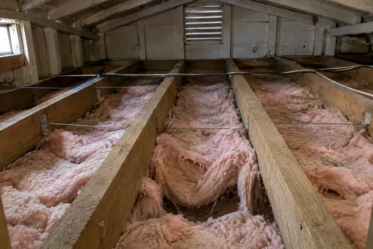 Sagging under-floor batts replaced and supported, before: The attic floor joist insulation is sagging and compressed, reducing effectiveness and clearly showing the need for support.