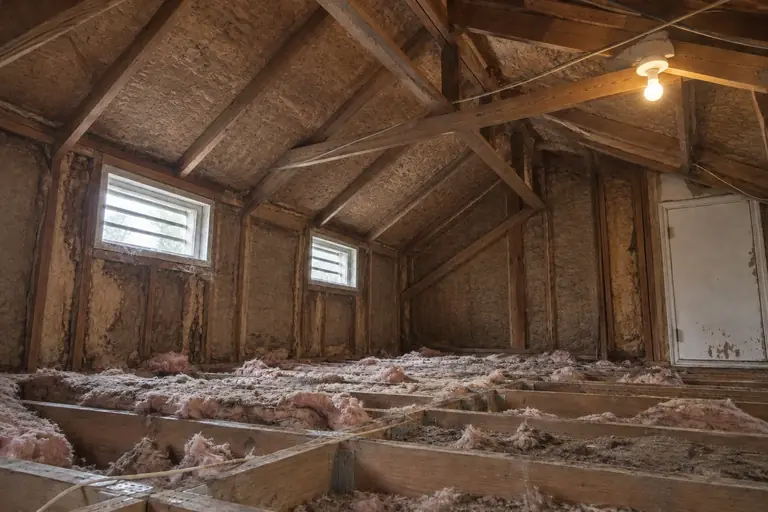 Spray foam attic insulation replacement in 1990s split-level home attic, before: The attic reveals worn, scattered old insulation and general dust, with vent windows and access hatch clearly visible in this widely open space.