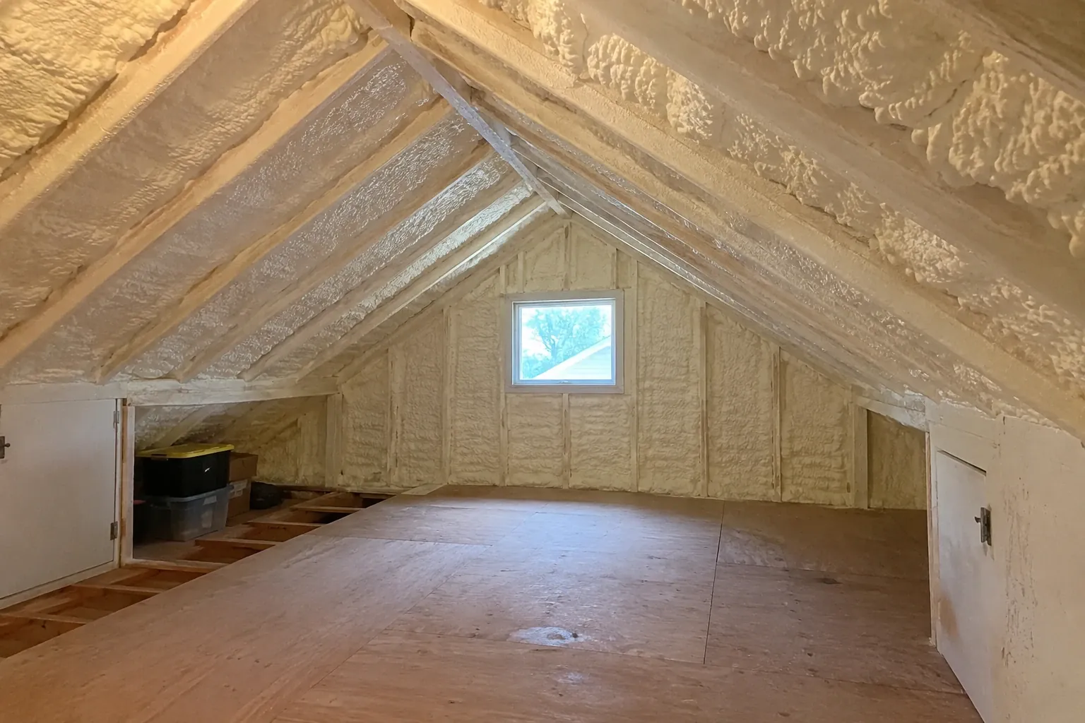 After: Finished project: the attic is now professionally insulated with open-cell spray foam.