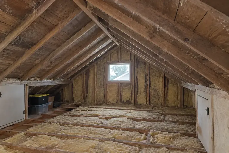 Spray foam attic insulation replacement in Craftsman bungalow attic, before: The attic insulation is old, thin, and patchy, with scattered batt insulation and visible gaps compromising efficiency.