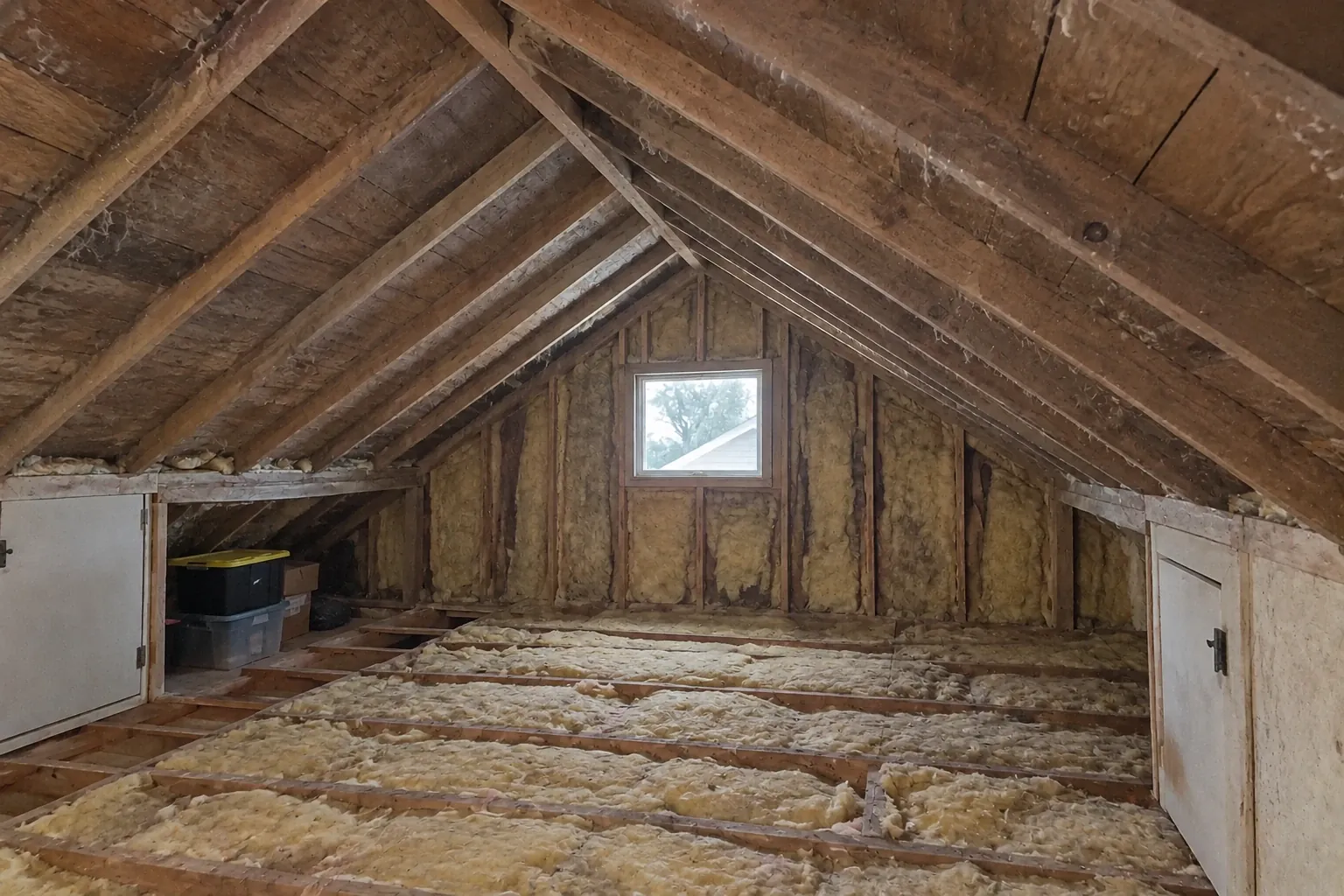 Before: The attic insulation is old, thin, and patchy, with scattered batt insulation and visible gaps compromising efficiency.