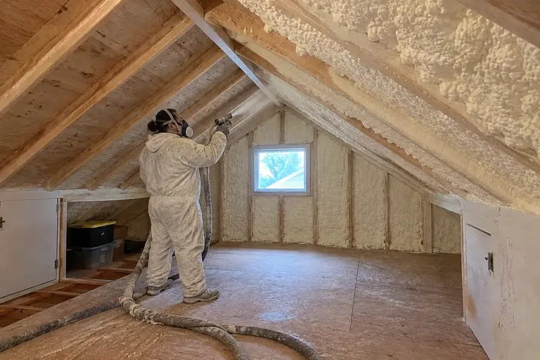 Spray foam attic insulation replacement in Craftsman bungalow attic, in progress: Applying open-cell spray foam insulation carefully to the underside of the roof rafters and rim joists to seal and insulate the attic space.