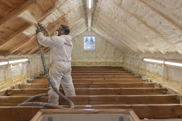 Spray foam insulation on an attic roof deck, in progress: Attic Crew technician begins applying open-cell spray foam insulation uniformly on the underside of the attic roof decking.