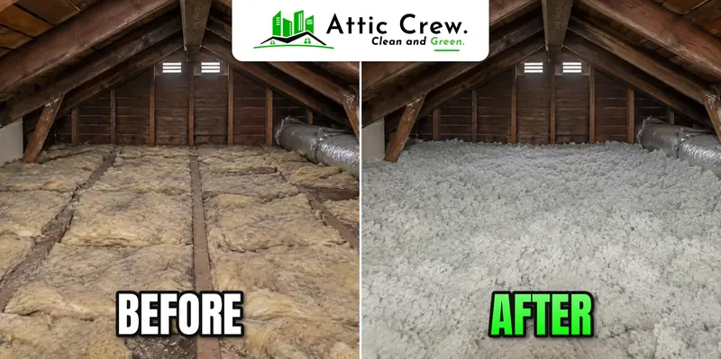 Thin, compressed batts replaced with deep blown-in insulation: before and after