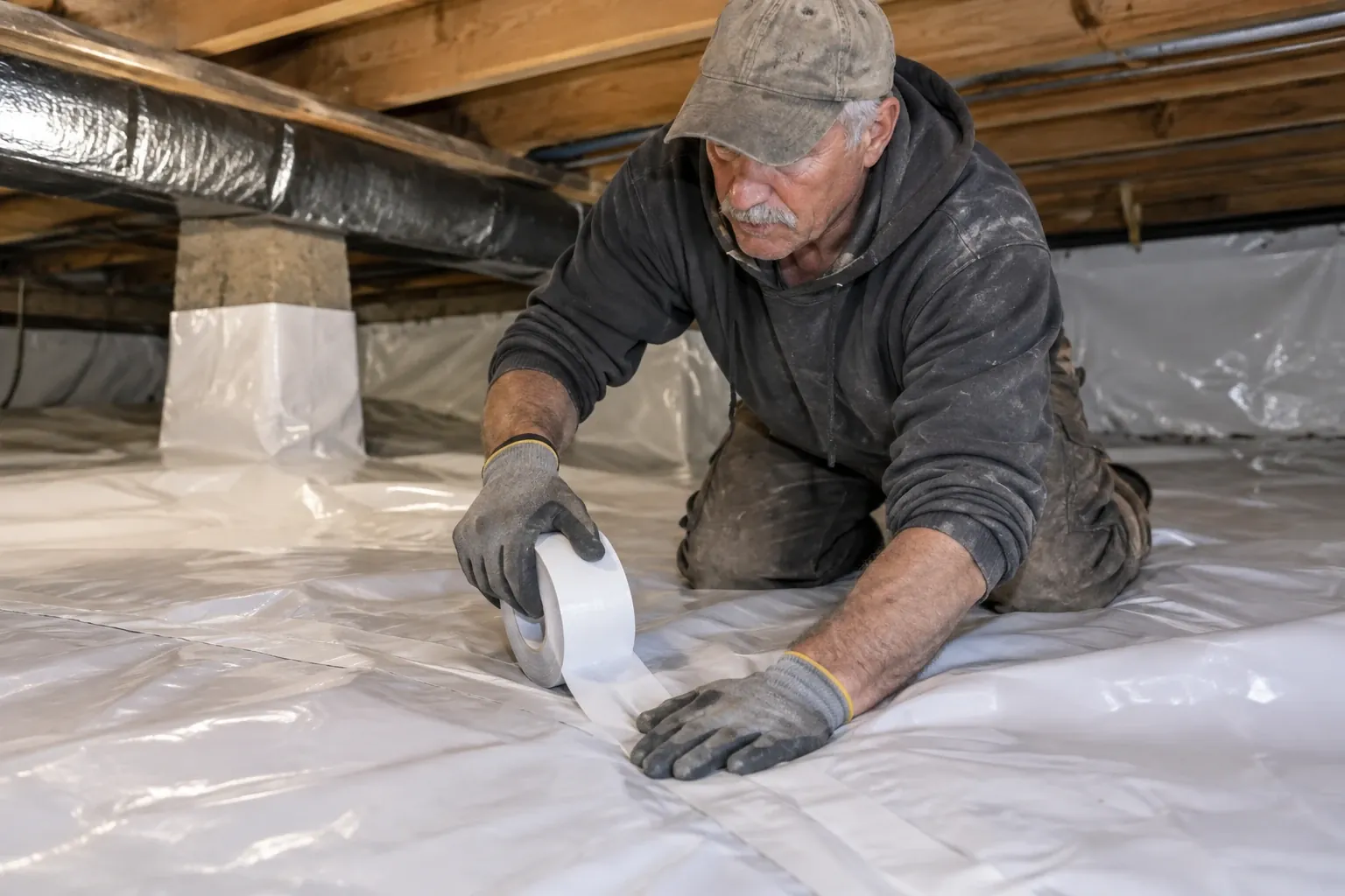 A technician carefully taping seams of a heavy white 20-mil moisture barrier liner in a crawl space.