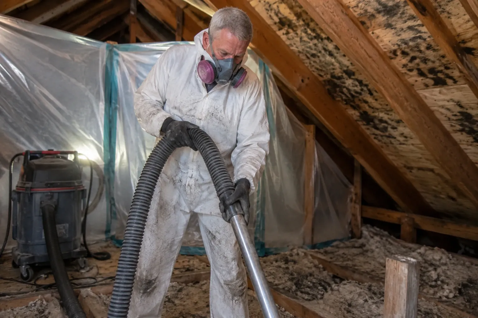 A technician HEPA-vacuums mold-stained attic sheathing inside containment.