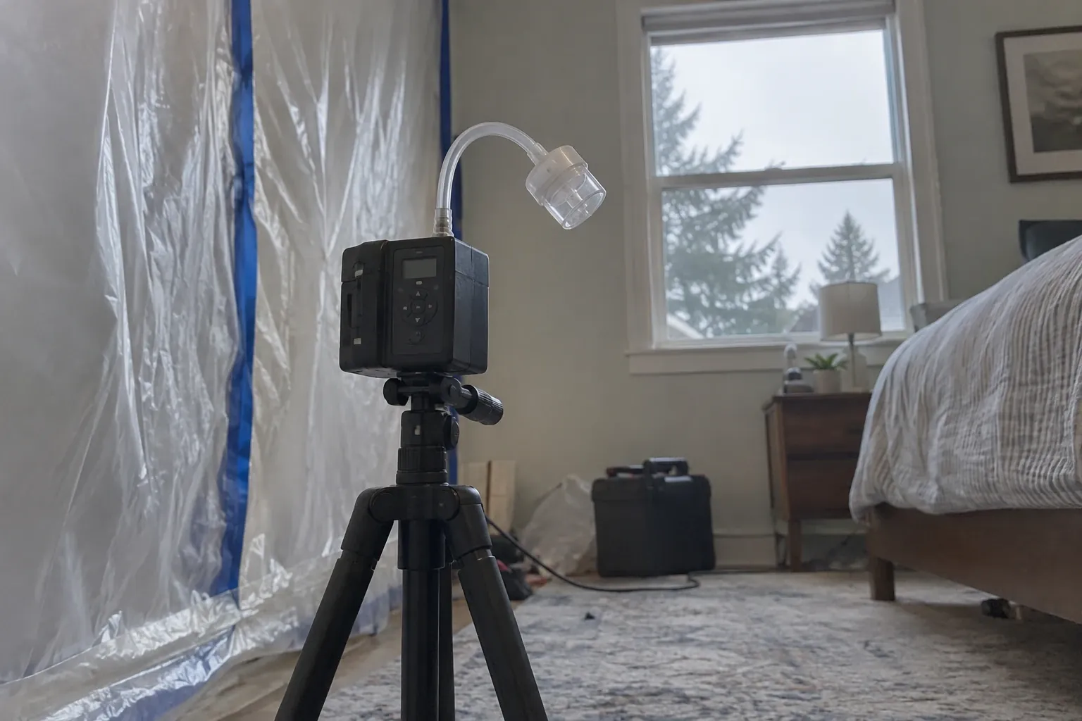 Air sampling pump with a cassette set up in a contained bedroom for mold testing.
