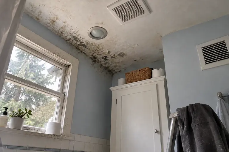 Bathroom ceiling mold repaired, before: The bathroom ceiling corner above the window shows widespread mold staining and paint damage.