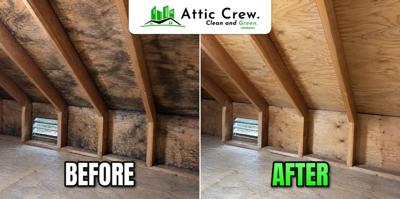 Black-stained attic sheathing cleaned and sealed: before and after