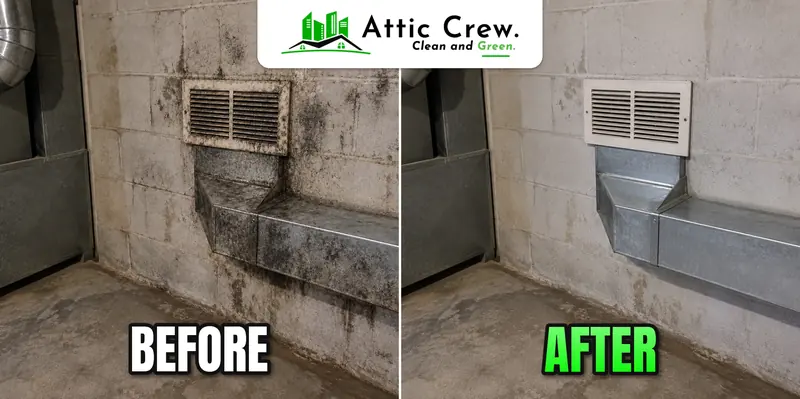 Mold cleaned from an HVAC register and duct boot: before and after