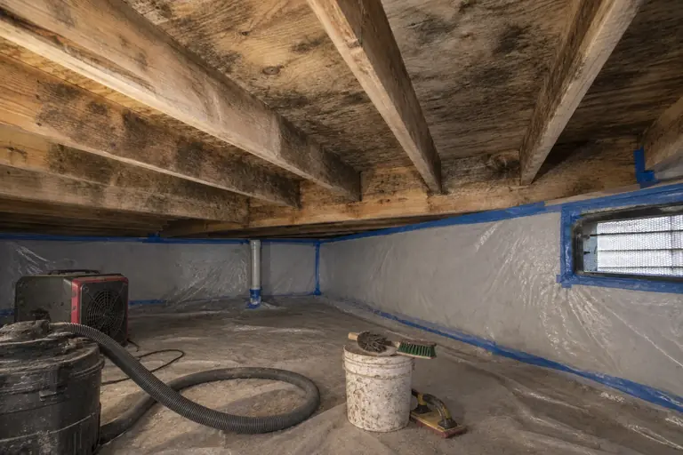 Mold remediation in Bellevue crawl space, in progress: During remediation, the crew carefully removes mold by sanding and scrubbing the contaminated joists within the sealed plastic containment.