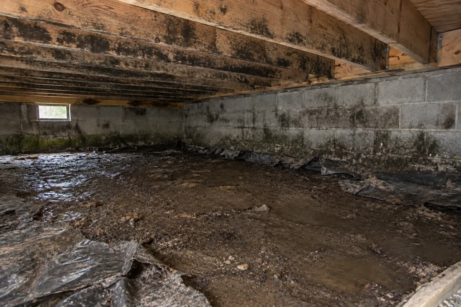 Before: Heavy mold growth stains the underside of crawl space joists and foundation walls.
