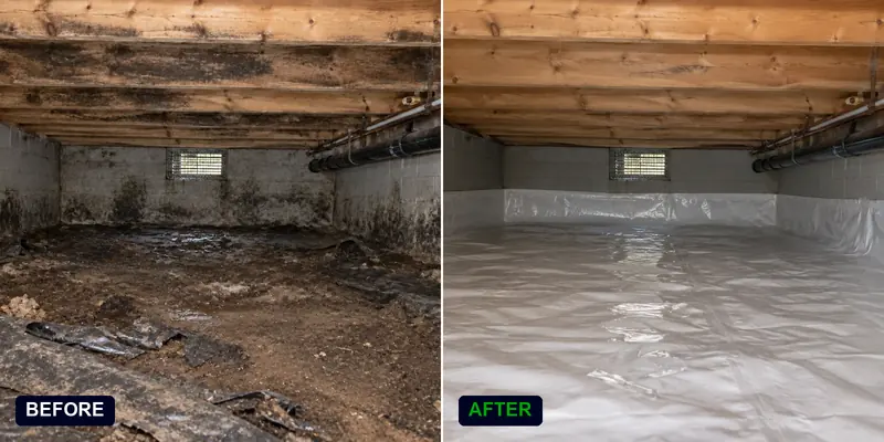 Mold remediation in Seattle crawl space with plastic containment: before and after