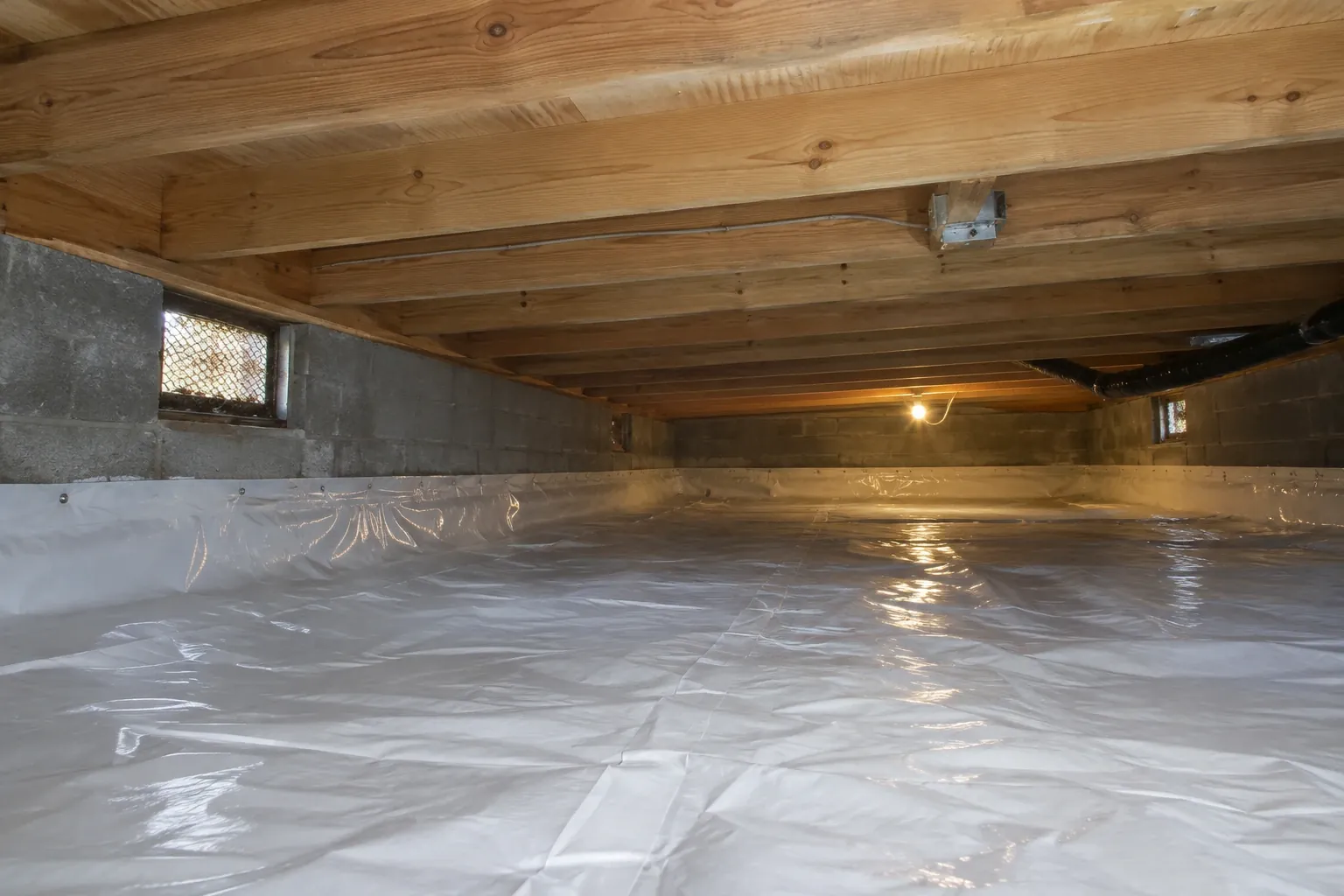 After: Mold has been successfully remediated, and a new vapor barrier fully installed to prevent future moisture and mold growth in the crawl space.