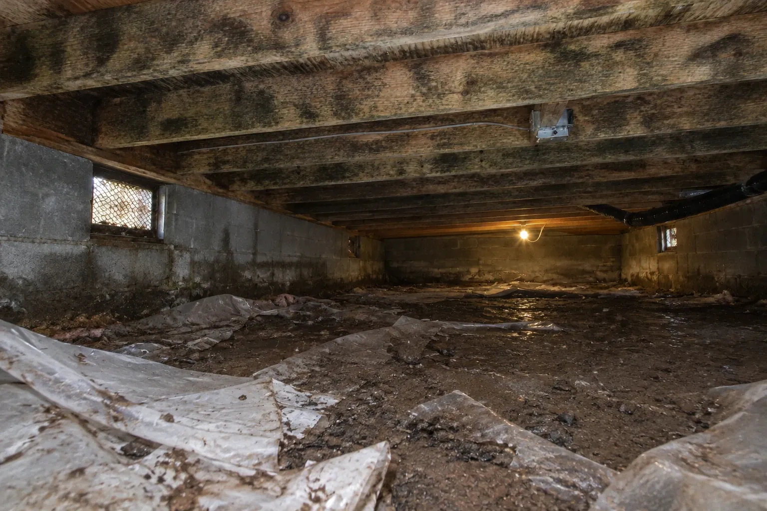 Before: Before mold remediation begins, the crawl space joists and underside sheathing show heavy mold staining and signs of moisture damage; the old vapor barrier is torn and displaced across the damp dirt floor.