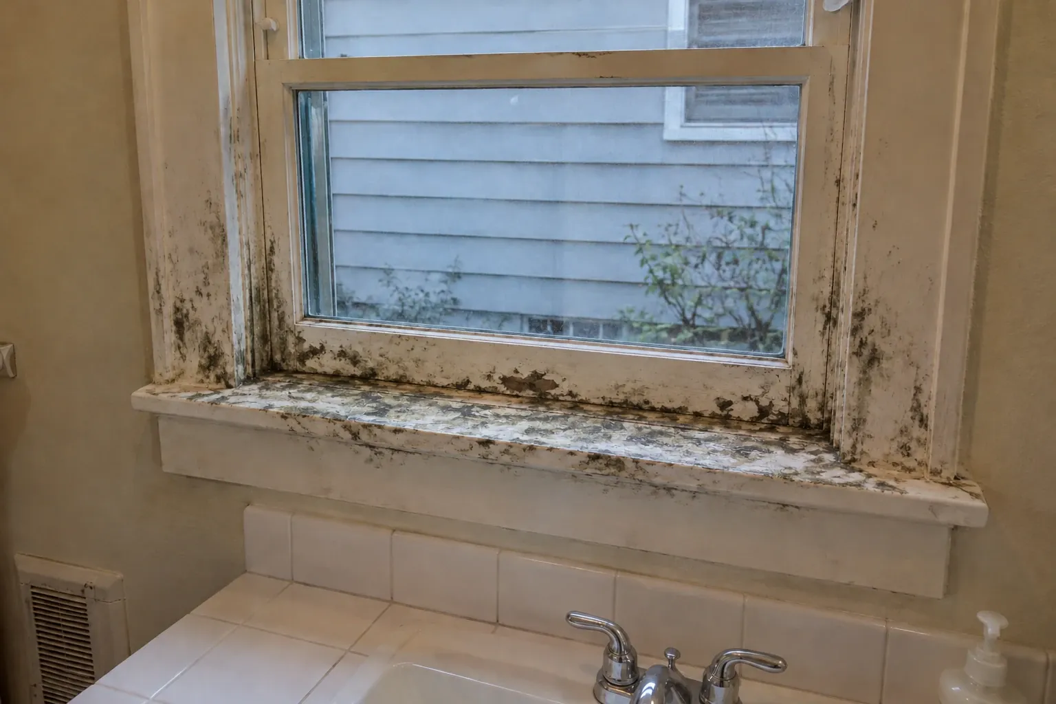 Before: Mold heavily stains the bathroom window sill and frame, showing moisture damage and peeling paint.