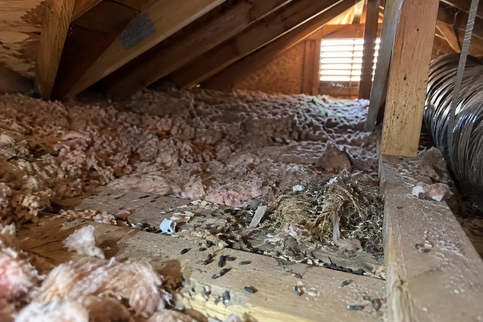 A rodent nest and droppings in attic insulation.