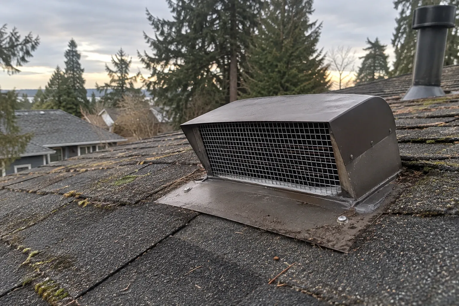 A roof vent fitted with a new steel mesh screen.