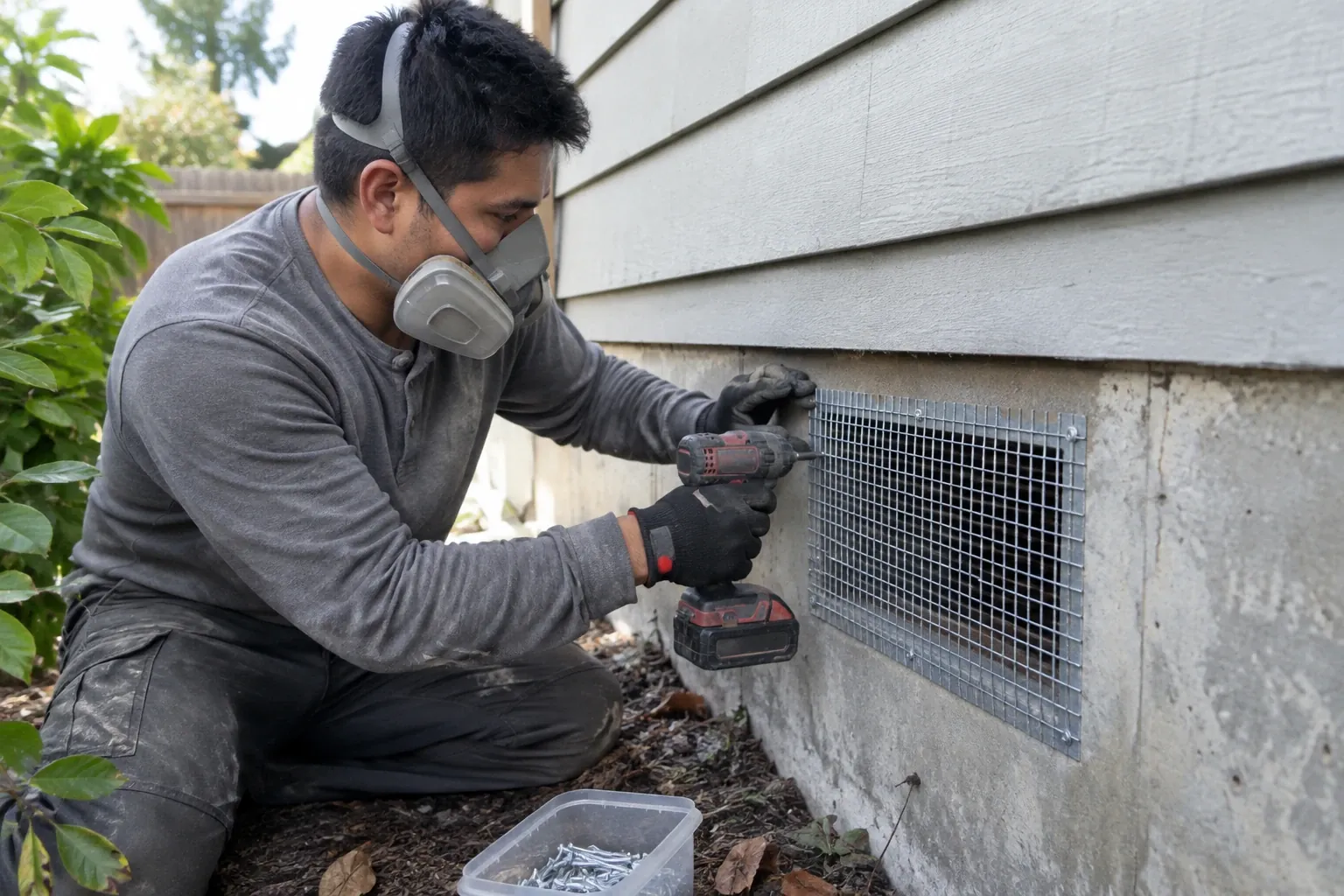A technician installs heavy-gauge galvanized mesh over a foundation crawl space vent on a cedar-sided home.