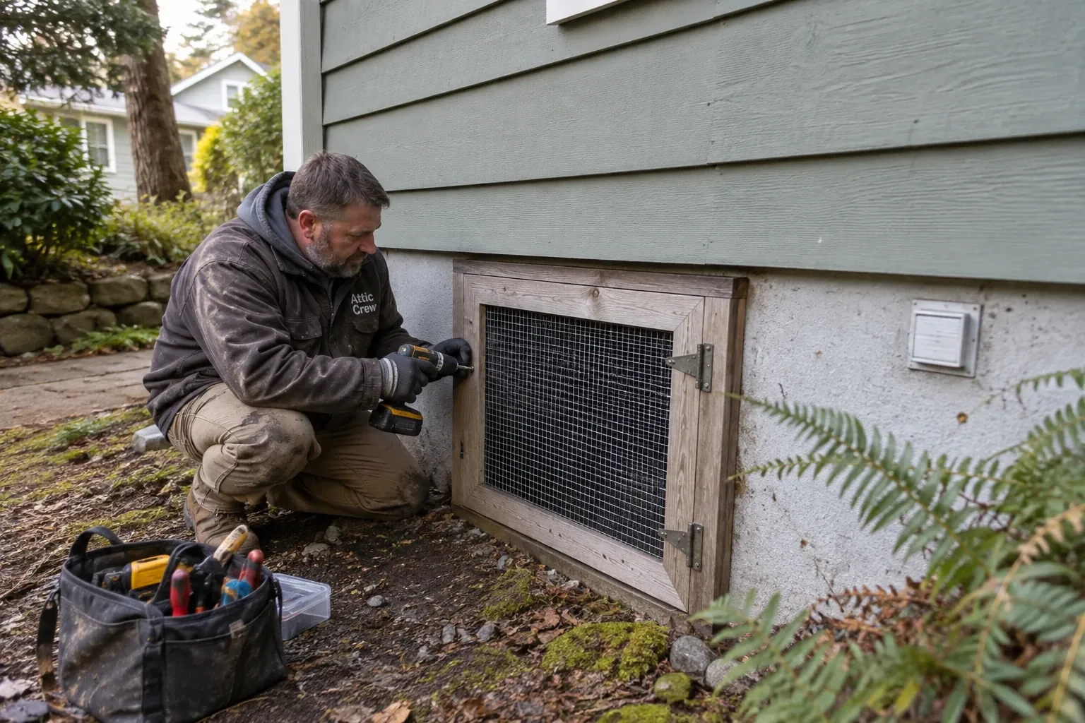 A technician is installing a new metal screen over the access door to a crawl space in a cedar-sided home.