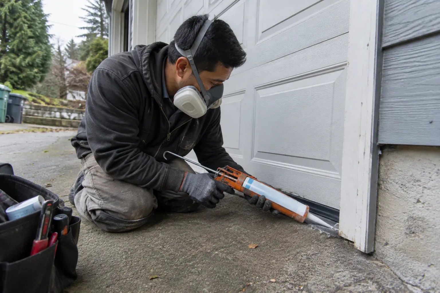 A technician is sealing the bottom corners of a garage door to prevent rodent entry.