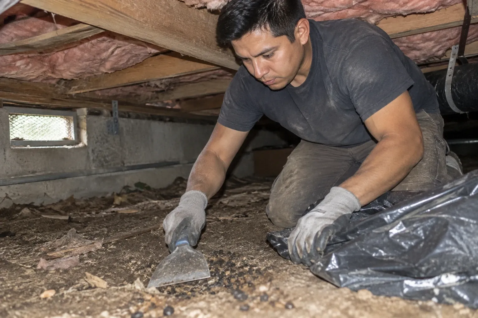 A technician scrapes rodent droppings from a crawl space floor.