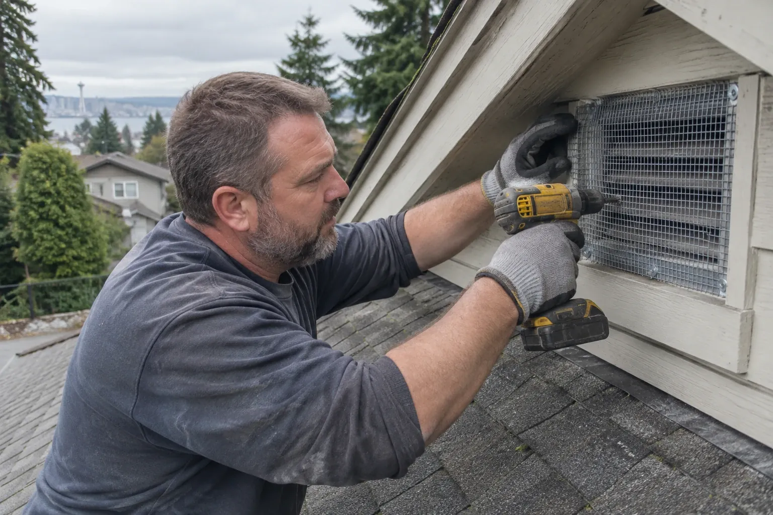 A technician screws steel mesh over a gable vent.