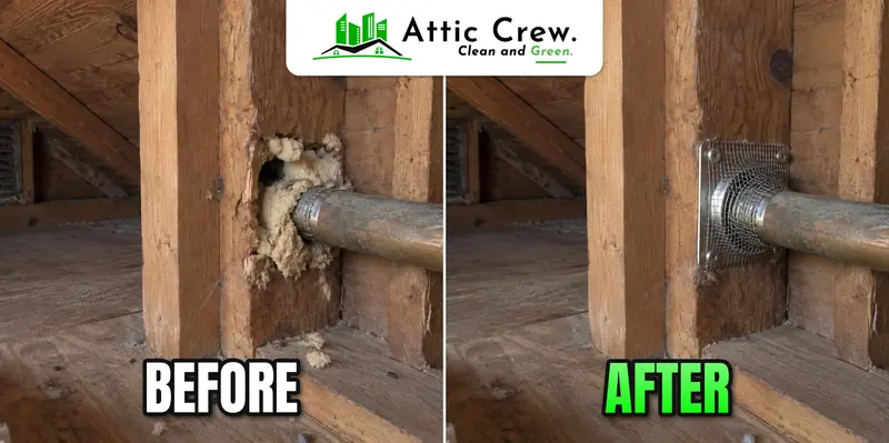 Attic pipe penetration sealed: before and after