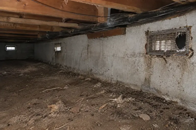 Crawl space rodent exclusion in Redmond, before: The crawl space vent shows visible rodent damage and signs of infestation with droppings scattered on the dirt floor.