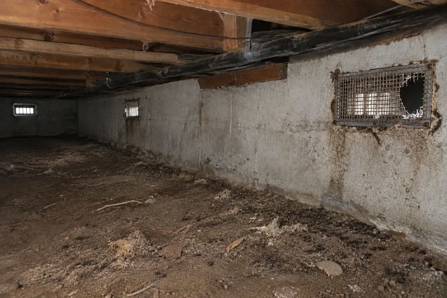 Before: The crawl space vent shows visible rodent damage and signs of infestation with droppings scattered on the dirt floor.