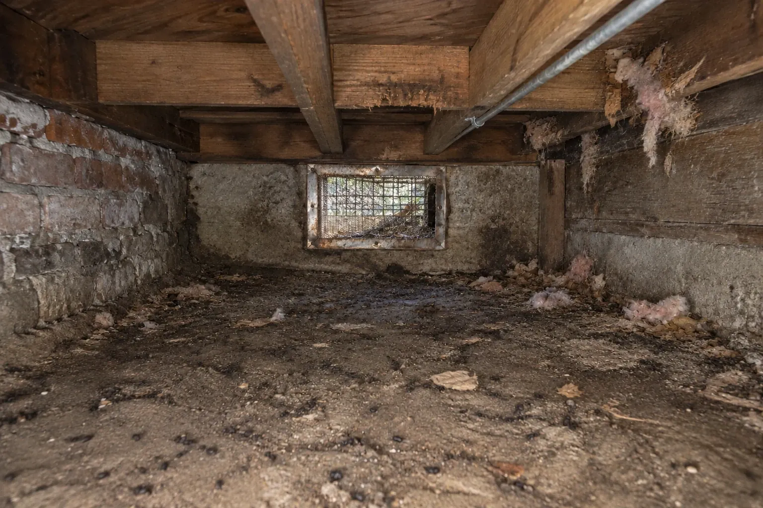Before: The crawl space shows extensive rodent infestation signs, including droppings, nesting materials, and damaged vent covers.