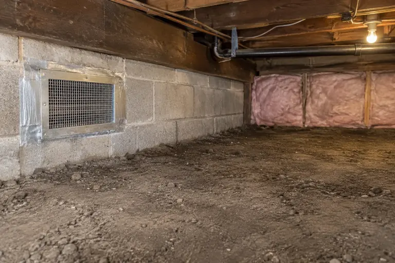 Crawl space rodent proofing in a Tacoma two-story home, after: The crawl space is now rodent-proofed with sealed vents and clean insulation, eliminating entry points and infestation evidence.
