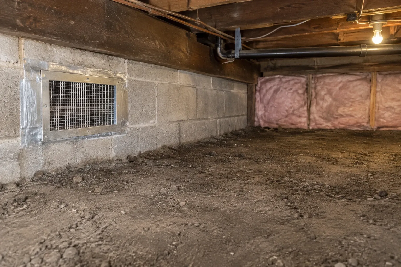 After: The crawl space is now rodent-proofed with sealed vents and clean insulation, eliminating entry points and infestation evidence.