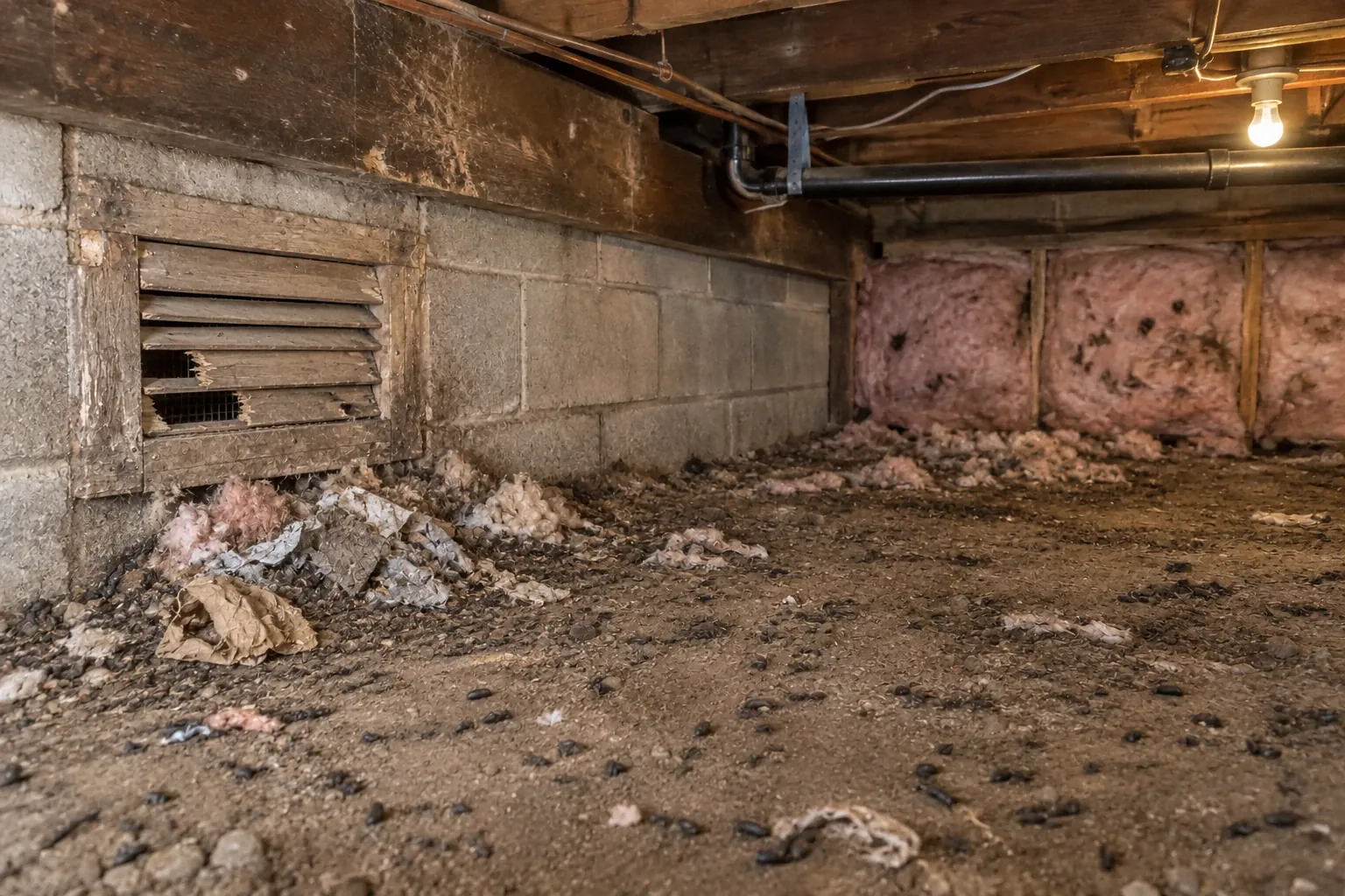 Before: Before cleanup and repair, the Tacoma crawl space shows clear signs of rodent infestation with droppings scattered on the dirt floor and breaches in the vent allowing rodent entry.