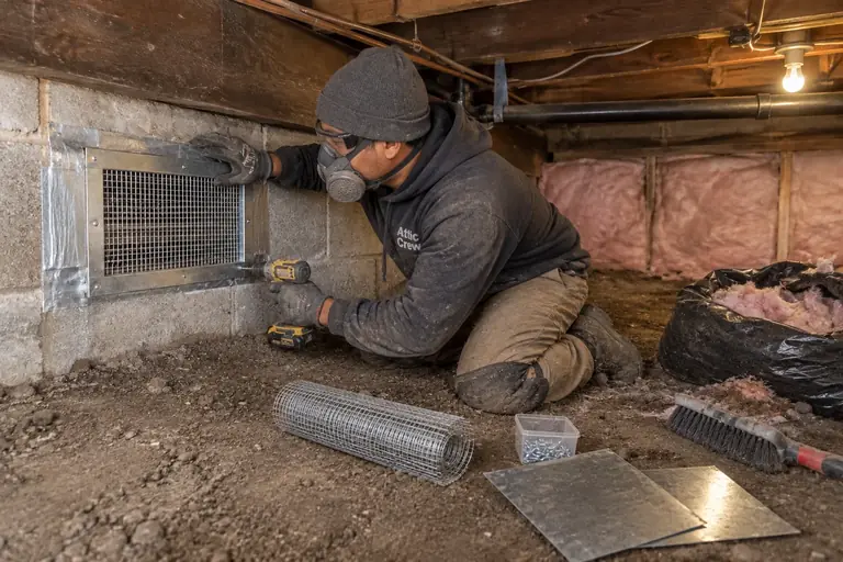 Crawl space rodent proofing in a Tacoma two-story home, in progress: A technician systematically removes contaminated insulation and debris.