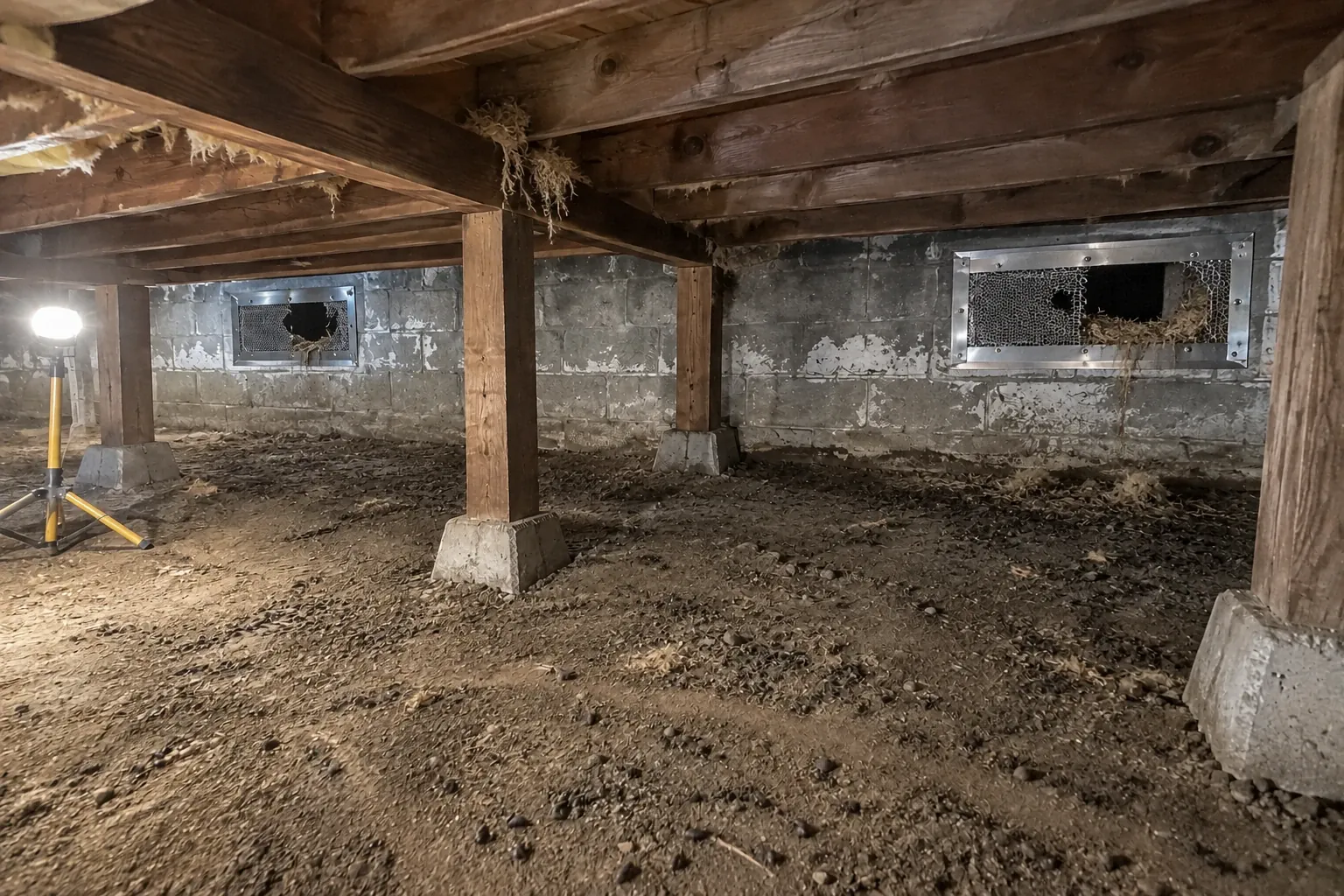 Before: Heavy rodent infestation signs are clearly visible around the foundation vents and crawl space floor, with damaged vents exposing entry points.