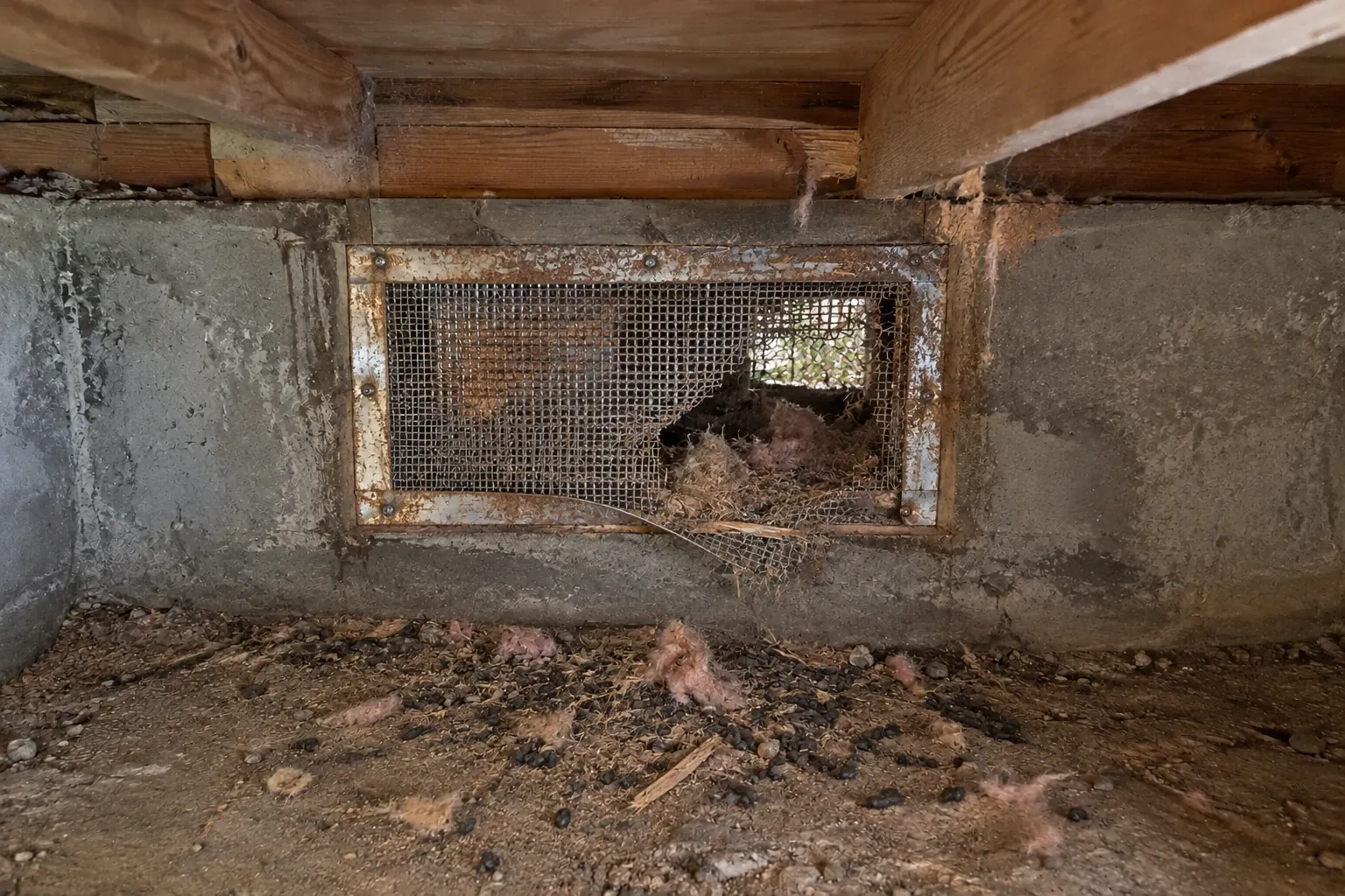 Before: The crawl space vent shows clear signs of rodent entry with torn screen, droppings on the dirt floor, and chewed wood around the vent frame.