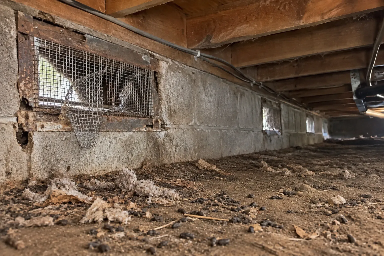 Before: Before work started, the crawl space vents were broken and rusted, with gaps allowing rodent entry and scattered droppings on the floor beneath.