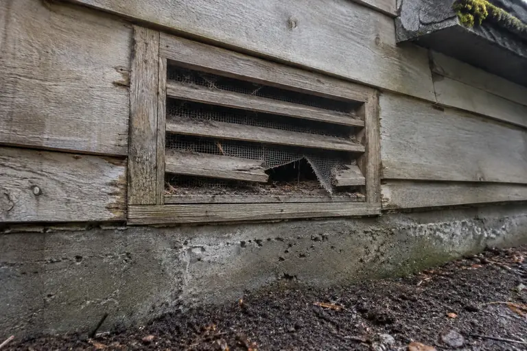 Foundation vent rebuild and screening, before: Before Attic Crew began, the foundation vent showed a torn bottom slat with damaged mesh exposed to potential rodent entry.