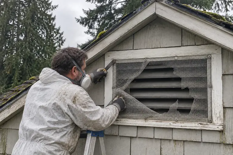 Gable vent screen replacement, in progress: A technician carefully removes the torn screen mesh from the gable vent frame.