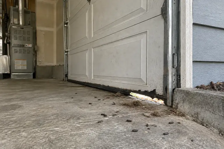 Garage door corner seal replacement, before: The garage door's lower right corner has a large gap and missing weather seal, allowing rodent entry and visible debris, posing health risks.