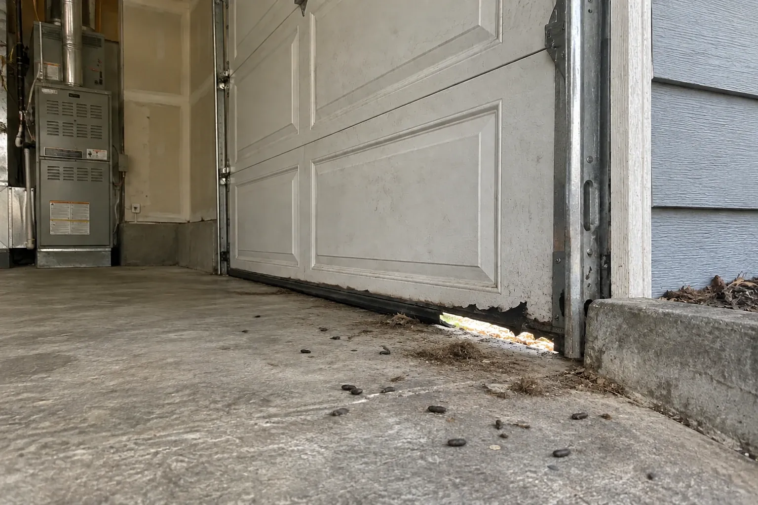 Before: The garage door's lower right corner has a large gap and missing weather seal, allowing rodent entry and visible debris, posing health risks.