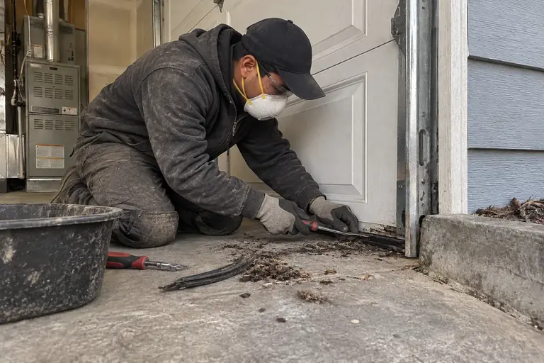 Garage door corner seal replacement, in progress: A technician carefully removes the damaged seal and cleans the gap area.